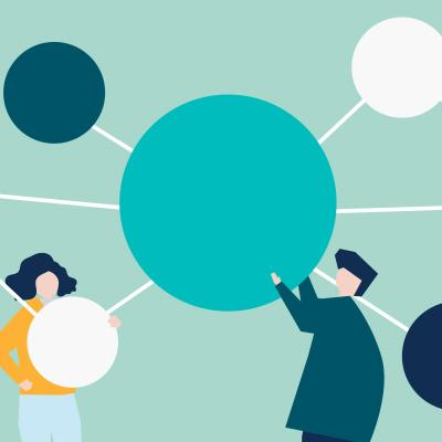 illustration of people holding up multicoloured circles of different sizes connected together through lines