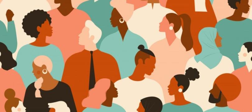 Smaller sized, illustrated graphic of a diverse group of people standing together