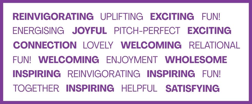 a word cloud with words in purple, reinvigorating uplifting, exciting, joyful, fun, energising, connection