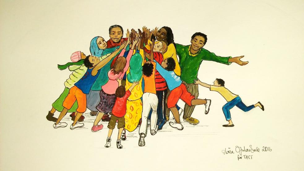 Illustration of a group of people with their hands together in the air