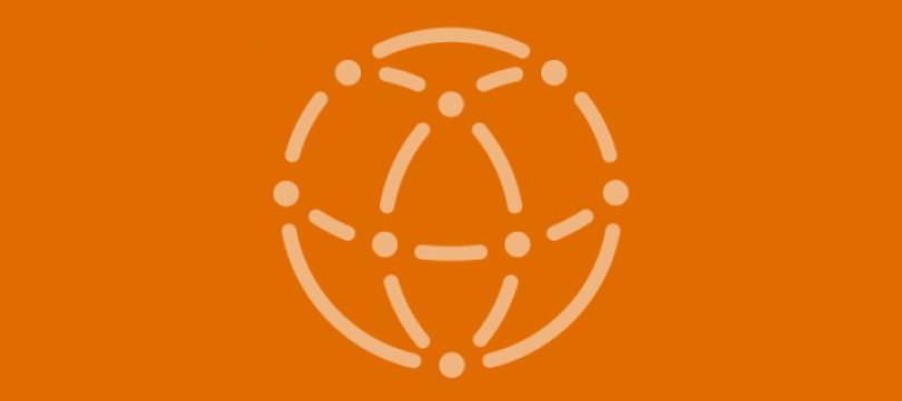 graphic of interconnecting dots and lines within a circle on orange background
