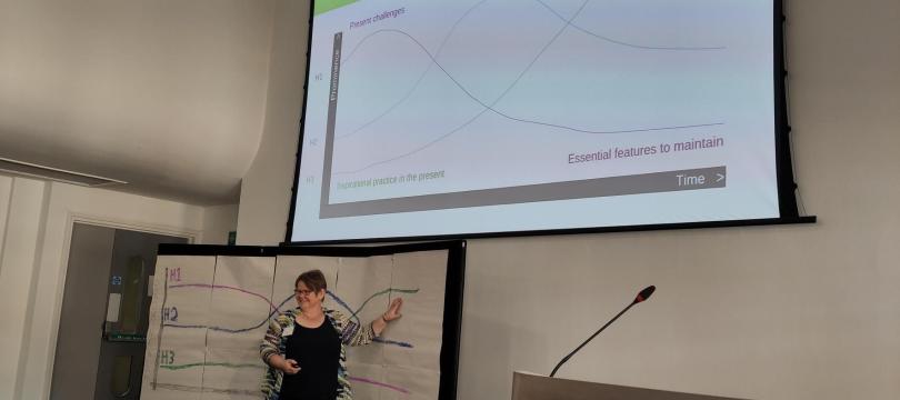 Sophie Duncan presenting the 3Horizons process on stage at an event