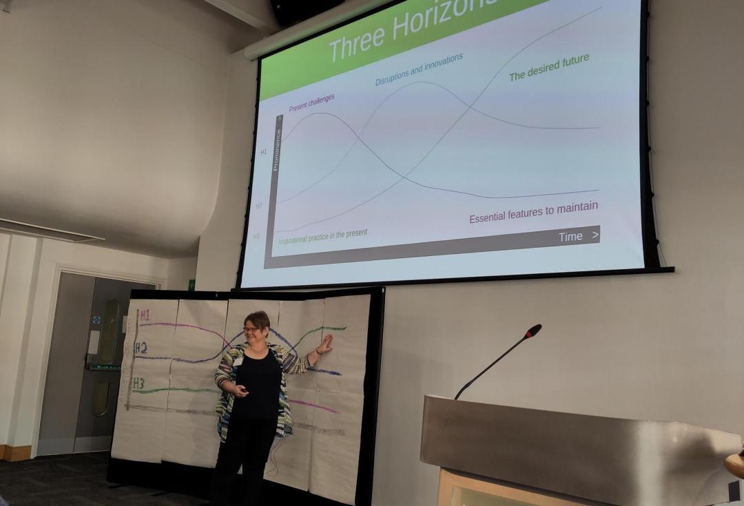 Sophie Duncan presenting the 3Horizons process on stage at an event