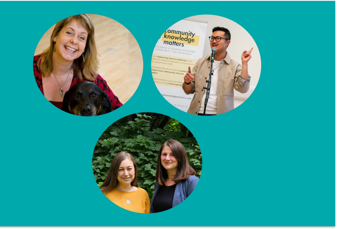 3 circles on a green background with photos of the 2024 cohort of Fellows