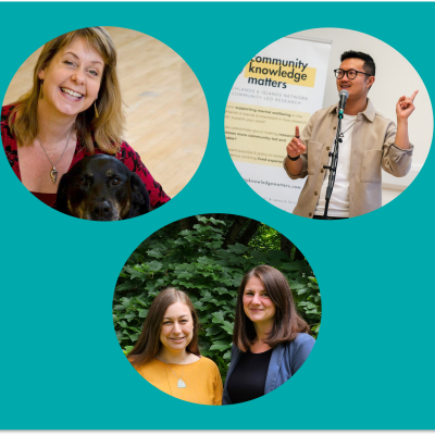 3 circles on a green background with photos of the 2024 cohort of Fellows