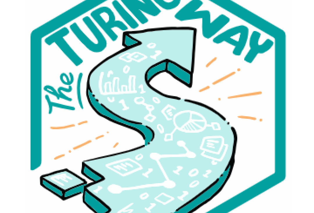 Illustration saying 'The Turing Way' with an wiggly arrow with scientific symbols inside