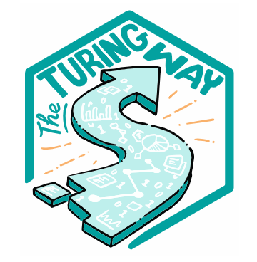 Illustration saying 'The Turing Way' with an wiggly arrow with scientific symbols inside