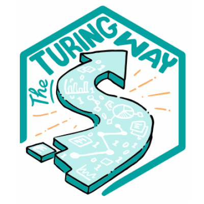Illustration saying 'The Turing Way' with an wiggly arrow with scientific symbols inside